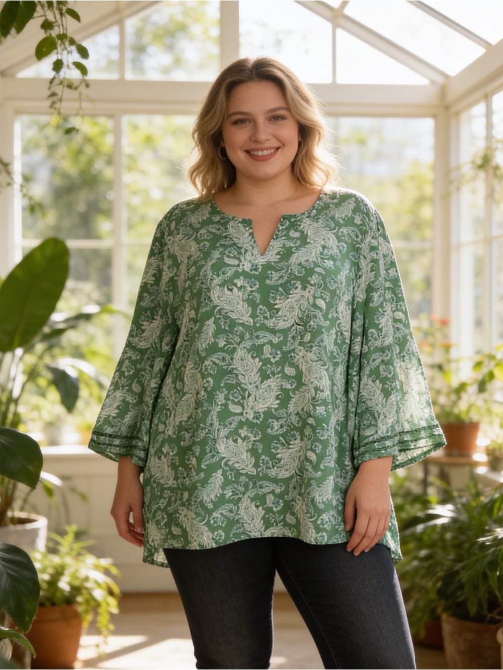 J.Jill Green Paisley Tunic Blouse 3/4 Sleeve V-Neck Linen Blend